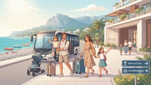 Семья с детьми отдыхает на солнечном пляже в Алуште на фоне моря и гор