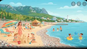 Счастливая семья с детьми отдыхает на солнечном песчаном пляже Алушты у голубого моря